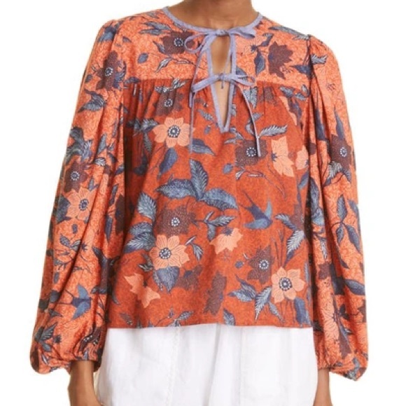 ULLA JOHNSON Joanie Blouse 4 Orange Floral Carmine pullover tie peasant birds - Picture 1 of 7